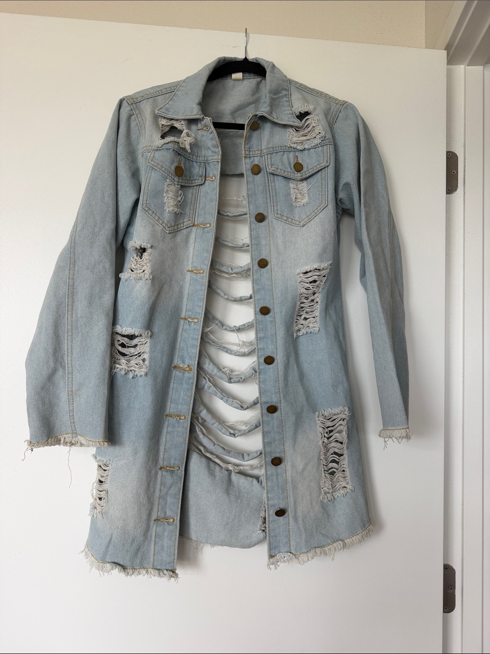 Light Wash Distressed Long Denim Jacket